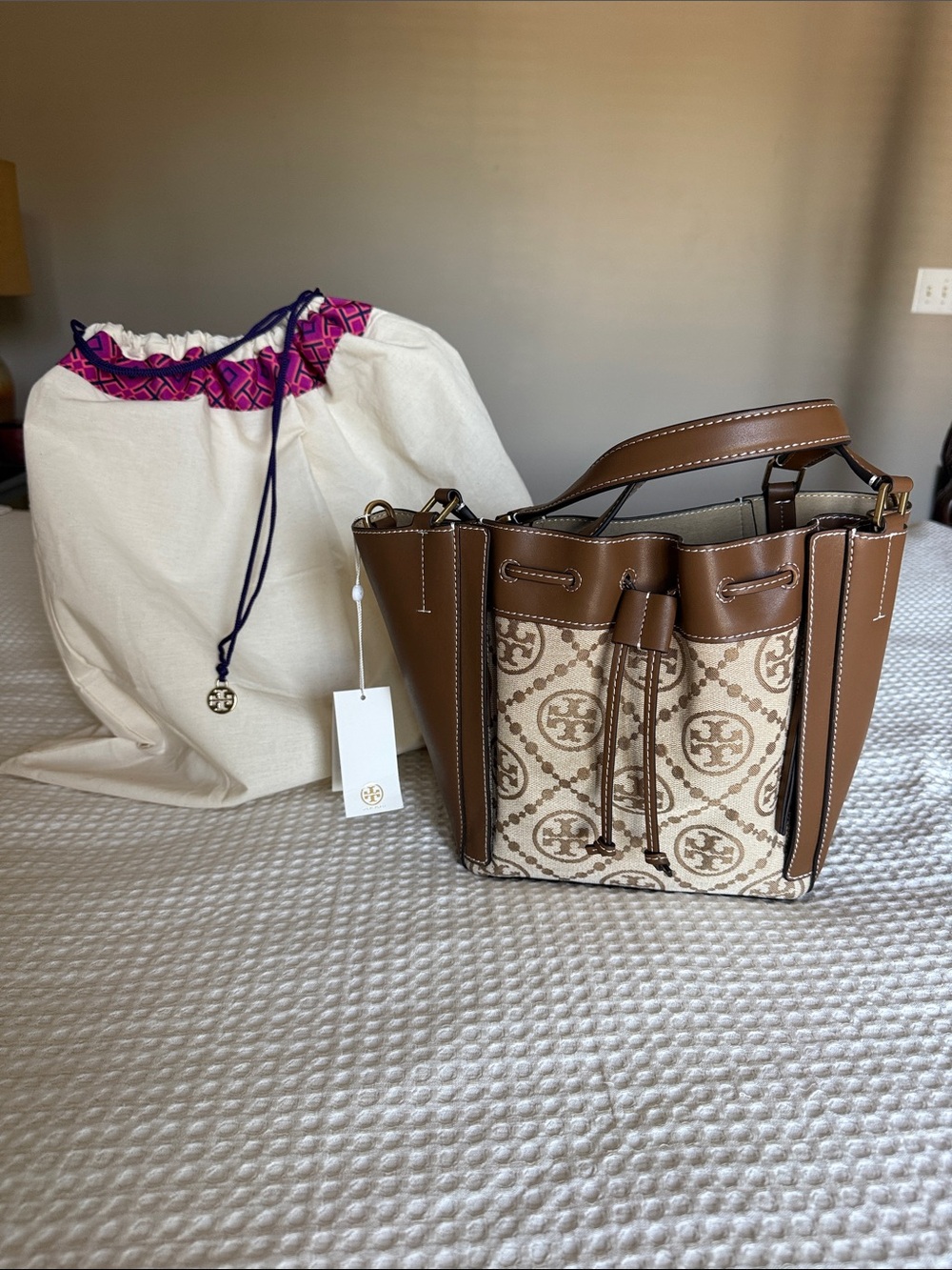 Brand New Tory Burch McGraw Monogram Jacquard drawstring Bucket Tote in dust bag